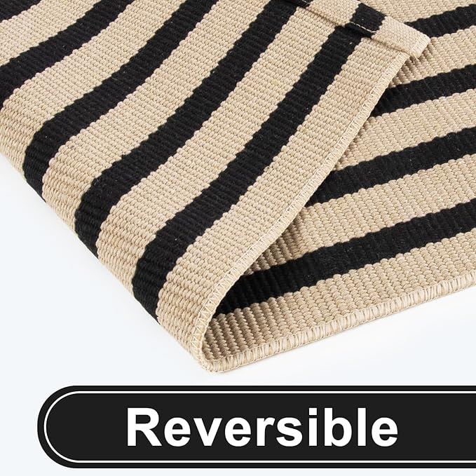 KIMODE Front Door Mats 24"x51", Machine Washable Farmhouse Front Porch Rug Decor, Striped Layered Door Mats Outdoor, Cotton Hand Woven Entryway Rug for Entry, Doorway, Kitchen Black and Khaki