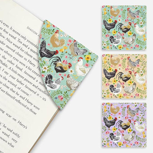 Farm Chicken Rooster Corner Bookmarks, Cute Leather Book Accessories for Book Lovers, 3 Pcs Reading Book Page Markers for Women Men Student Teacher Girls Boys Kids Retirement Birthday Gifts