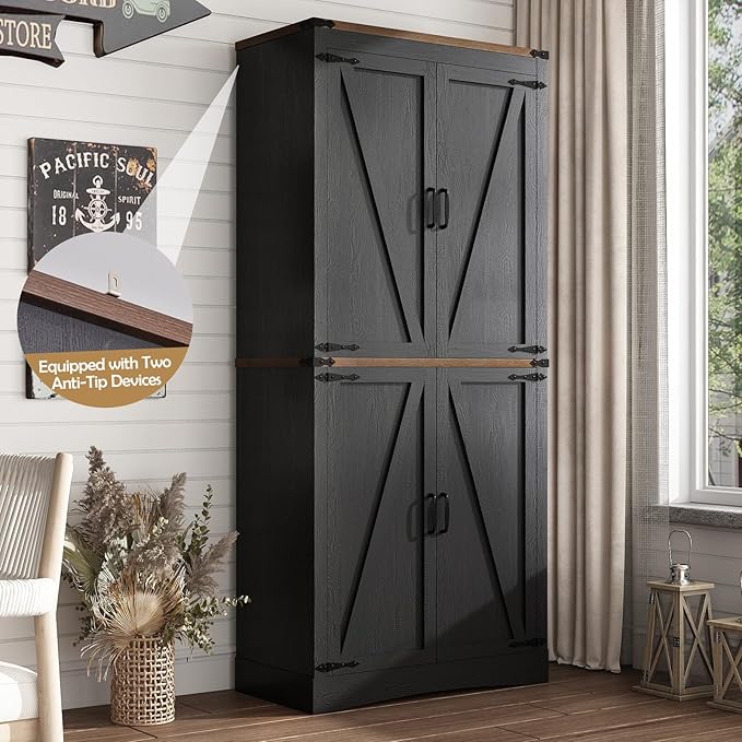 71in Farmhouse Kitchen Pantry Cabinet,Tall Storage Cabinet with 4 Doors and Adjustable shelves,with Load-Bearing Steel Pipe,Wood Storage Cabinets for Kitchen,Dining Room,Bathroom(Black)