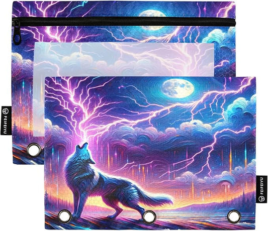Wolf Howling in Moon Night Pencil Pouch for 3 Ring Binder, 2 Pack Waterproof Pencil Bags Clear Window Zipper School Office Supplies