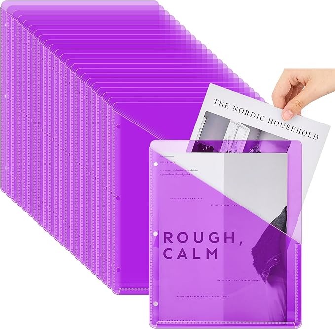 Seajan 48 Pcs Pocket Folders for 3 Ring Binder Clear Plastic Folders Sleeves with 2 Pockets 3 Hole Punch Binder Dividers Poly Slash File Jackets for Office School Document Organizer (Purple)