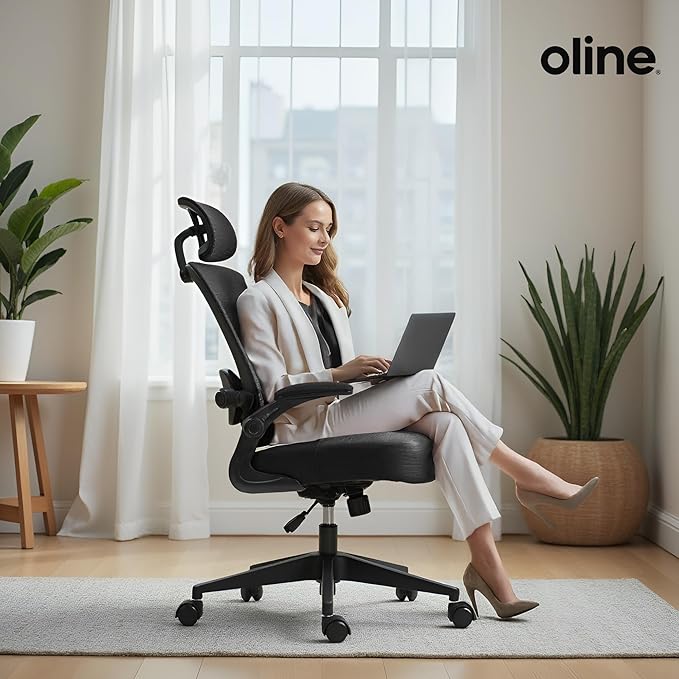Oline ErgoAir Ergonomic Office Chair – Adjustable Lumbar Support, Flip-Up Armrests, Mesh Computer Desk Chair, Swivel Rolling Executive Gaming Chair for Home & Office (Black)