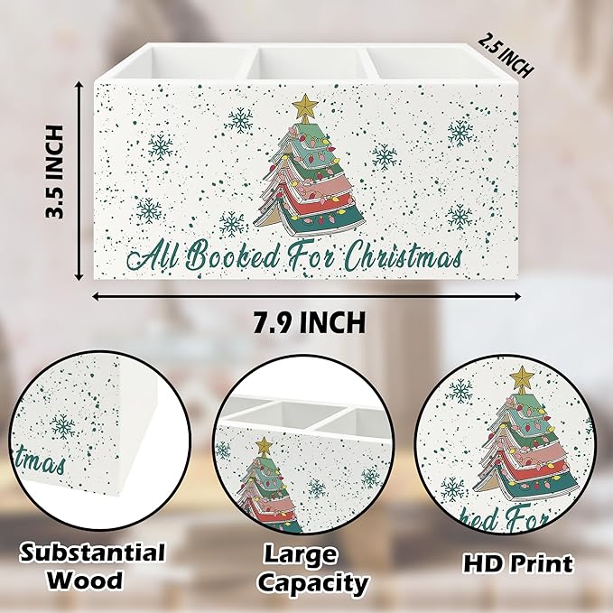 Christmas Book Tree Pen Pencil Holder Organizer for Desk, All Booked for Christmas Wooden Box Signs Decorations for Library Home Office Desk Tabletop, Book Lover Gifts