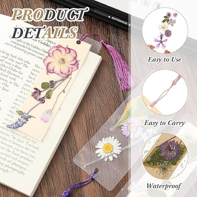 150 Pcs DIY Pressed Dried Flower Bookmark Making Kit, DIY Bookmark Bulk Thanksgiving Teacher Gifts for Reading Women Book Lovers(2 x 6 Inch,Purple)