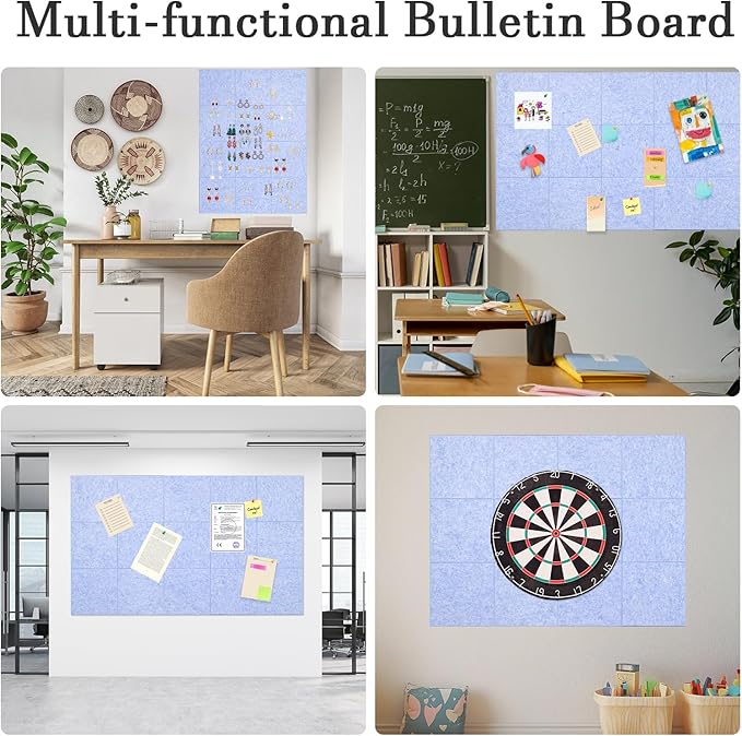 Large Cork Board Alternative, 15 Pack Felt Board with Safe Removable Adhesive Tabs Felt Wall Tiles, Large Cork Boards for Walls, Cork Board for Home Office, Pin Boards for Walls, Light Blue