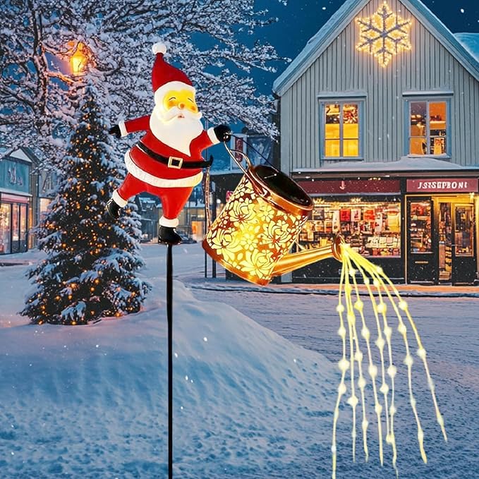 Solar Christmas Lights Outdoor, Waterproof Hanging Metal Watering Can Light Solar Christmas Decorations, Santa Solar Kettle Lights Holiday Displays for Garden Patio Path Yard Lawn