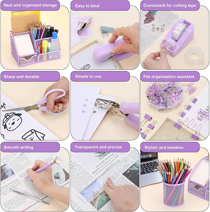 SYMDROMIA 13-in-1 Office Desk Organizer Set with Stapler and Tape Dispenser, Pen Holder, Scissors, Ruler, Hole Punch, 2 Pens & More Desktop Accessories for Back to School Supplies (Purple)