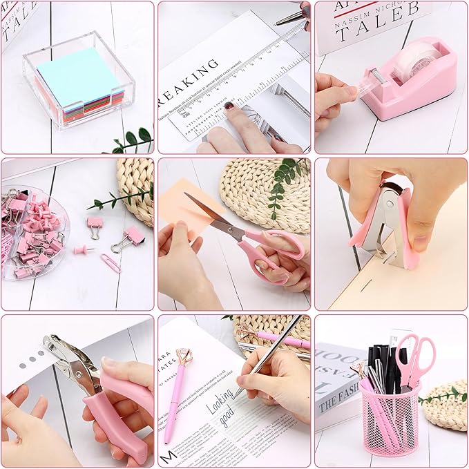 17 in 1 Pink Desk Organizers and Accessories Set, 3 Office Desk Supplies Storage Organization, 4 Pens, Stapler, Staples & Remover, Tape & Dispenser, Scissors, Ruler, Clips, Hole Punch, Back to School