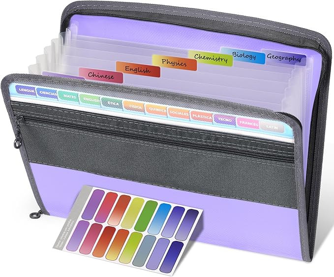 Sooez Accordion File Organizer with Safe Zipper, 8 Pocket Expanding File Folder with Front Pencil Pouch, Portable Monthly Paper Bill Tax Receipt Organizer, School Office Supplies, Letter Size, Purple