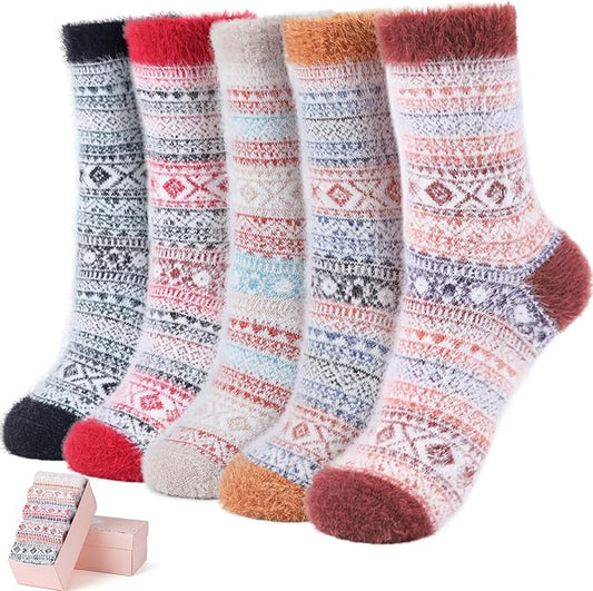 ICEIVY 5 Pair Fuzzy Cozy Socks for Women - Warm Comfy Soft Casual Home Sleep Winter Wool Socks - Gifts for Women