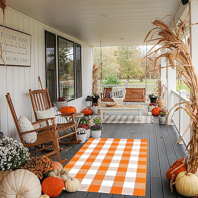 Buffalo Plaid Outdoor Rugs, 3'x5' Orange and White Checkered Indoor/Outdoor Area Rug, Layering Rug for Hello/Welcome Door Mat, Washable Cotton Woven Farmhouse Mat for Fall Front Porch Décor