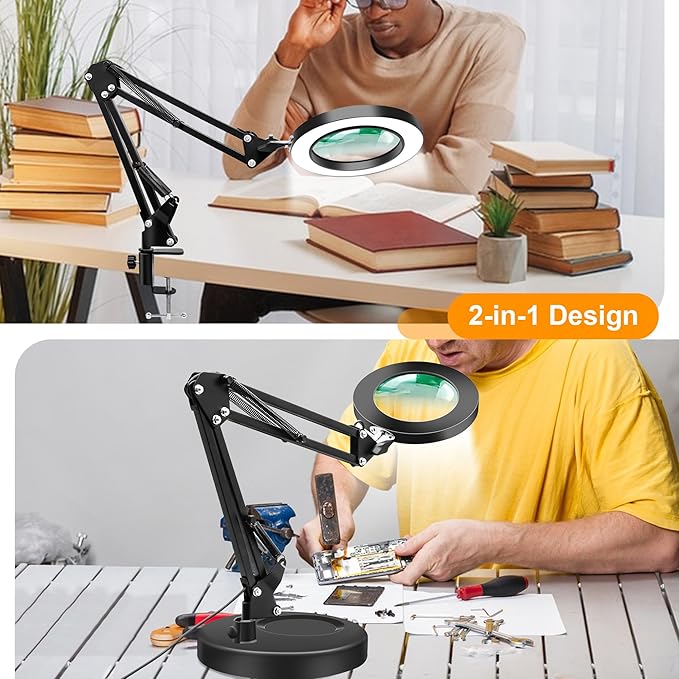 10X Magnifying Glass with Light and Stand, 2-in-1 LED Magnifier Desk Lamp, 3 Color Modes 10 Level Dimmable, Hands-Free Lighted Magnifier for Craft Repair Nail Reading Close Works (Black, Base)