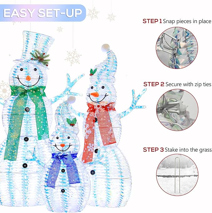 Hykolity 3.5 FT 3D Lighted Outdoor Iridescent Christmas Snowman Family, 3-Piece Lighted Snowman Set with 180 LED Lights, Ground Stakes, Zip Ties for Holiday Decoration