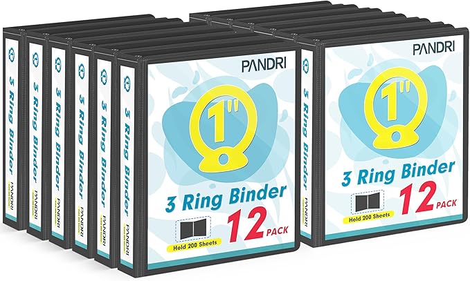3 Ring Binder 1 Inch, PANDRI 12 Pack 1-Inch Binder Fits Letter Size 8.5'' x 11'' Paper, Versatile Binders for Office Home School, 2 Pockets, Black