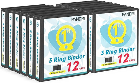 3 Ring Binder 1 Inch, PANDRI 12 Pack 1-Inch Binder Fits Letter Size 8.5'' x 11'' Paper, Versatile Binders for Office Home School, 2 Pockets, Black
