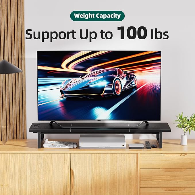 Simple Trending Dual Monitor Stand Riser with 2 USB Charging Ports, Computer Desk Organizer for 2 Monitors, Extra Long TV Stand for Laptop Office, iMac, Black