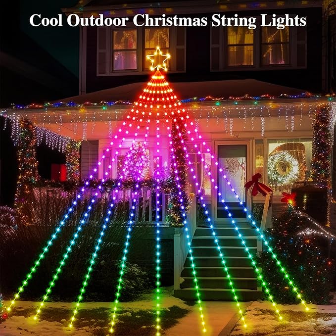 11.8 FT Christmas Decorations Outdoor Star String Lights,Smart APP Remote Control RGB Color Changing DIY 344 LED Waterfall Lights for Garden Yard Outdoor Xmas Decorations