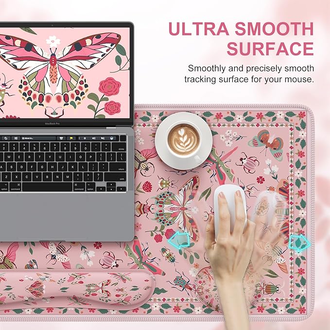iCasso Large Mouse pad for Desk, Computer Desk Mat, 3Pcs XXL Keyboard and Mouse Pad + Keyboard Wrist Rest, Desk Matt for Desktop, Easy Typing Pain Relief Ultra Thick Mousepad Keyboard Mat(Pink)