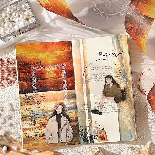 Ocean Fantasy Washi Tape Set – 6 Rolls with Dreamy Sunset, Wave and Bubble Patterns for Scrapbook, Journal, DIY Cards, with Mini Clip