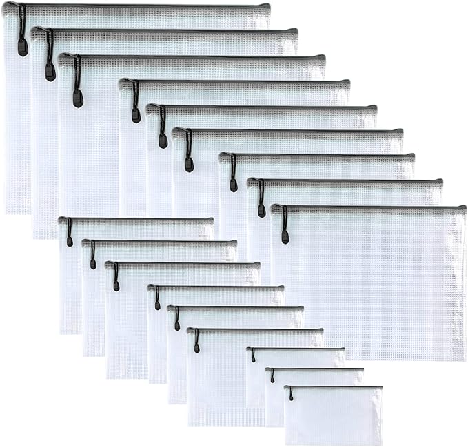 Oaimyy-18 Pcs,Plastic Mesh Zipper Pouch Document Folders Bag Zipper Zip File Folders for Office Supplies, Travel,Organizing Storage (6 Sizes, Black)