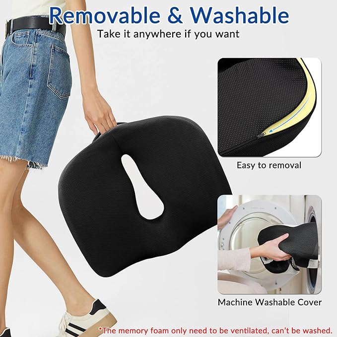 Ergonomic Memory Foam Seat Cushion for Office Chair, Extra Large Pad with U-Shaped Design for Pressure Relief, Coccyx Sciatica & Back Pain Relief, for Home, Car Long Sitting (Black)