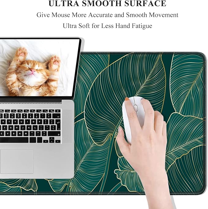 Desk Mat, 32" x 12" XXL Extended Large Gaming Mouse Pad, Desktop Decor Desk Pad, Cute Men Women Office Supplies and Accessories, XL Mouse Mat for Laptop & Keyboard, Teal Tropical Leaves