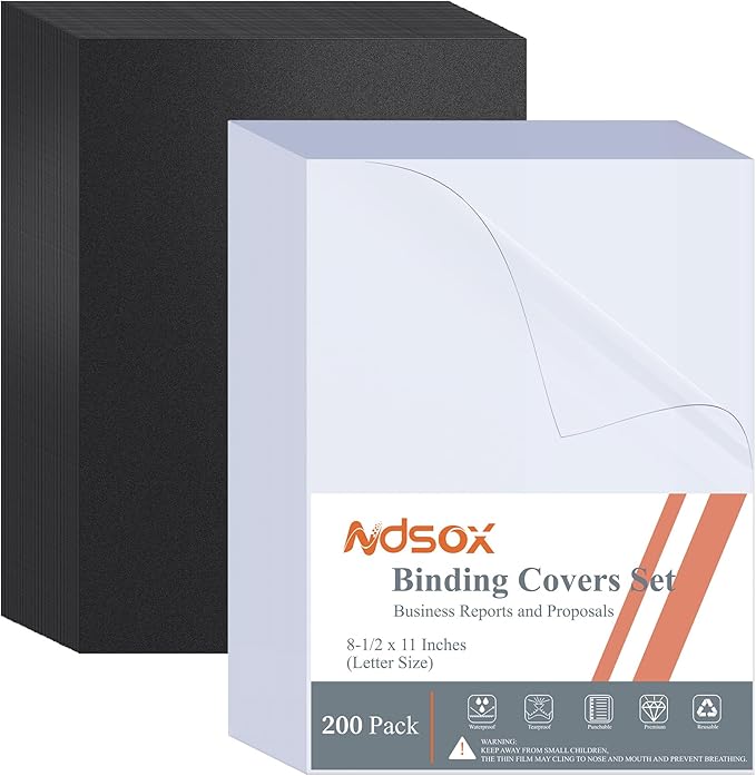 Ndsox 200 Pack Binding Covers and Backs Set 8.5 x 11 Inches Letter Size, 100 8-Mil Clear Binding Covers, 100 12-Mil Black Sand-Textured Binding Presentation Polycovers, Un-Punched, Square Corners