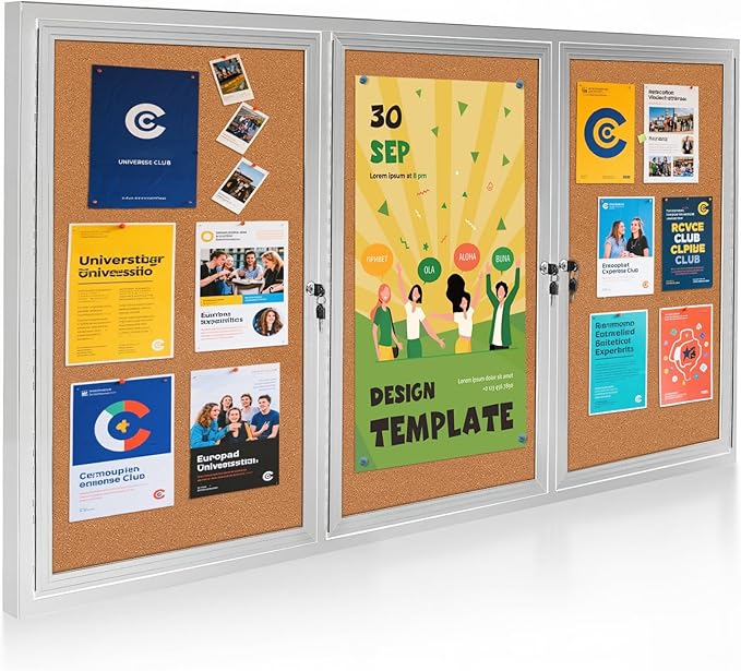 Lockable Outdoor Enclosed Bulletin Board, Weatherproof Cork Noticeboard with Locking Door, Wall-Mounted Aluminum Silver Framed Display Case for Messages,70x36 Inch