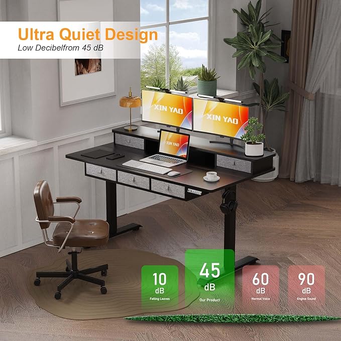 XINYAO Electric Standing Desk with 5 Drawers, 55x30 Inch Extra Wide Height Adjustable Sit Stand Up Desk with Storage Support 290lbs Ergonomic Rising Table with Wheels for Home Office