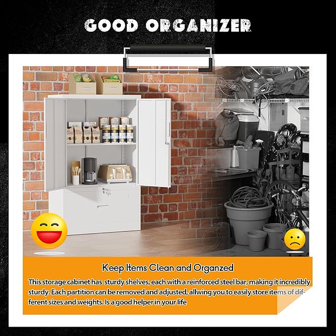 INTERGREAT Metal Storage Cabinet,Metal File Cabinet with Lockable Doors and Adjustable Shelves，Pantry Storage Cabinets for Garage,Home Office,Kitchen(White)