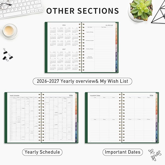 RETTACY 2026 Planner, Weekly and Monthly, Medium Size (5.7" x 8.3"), Jan - Dec 2026, Agenda, Calendar, 12 Month Tabs, Flexible Plastic Cover, 100 GSM Thick Paper, Spiral-bound (Dark Green)