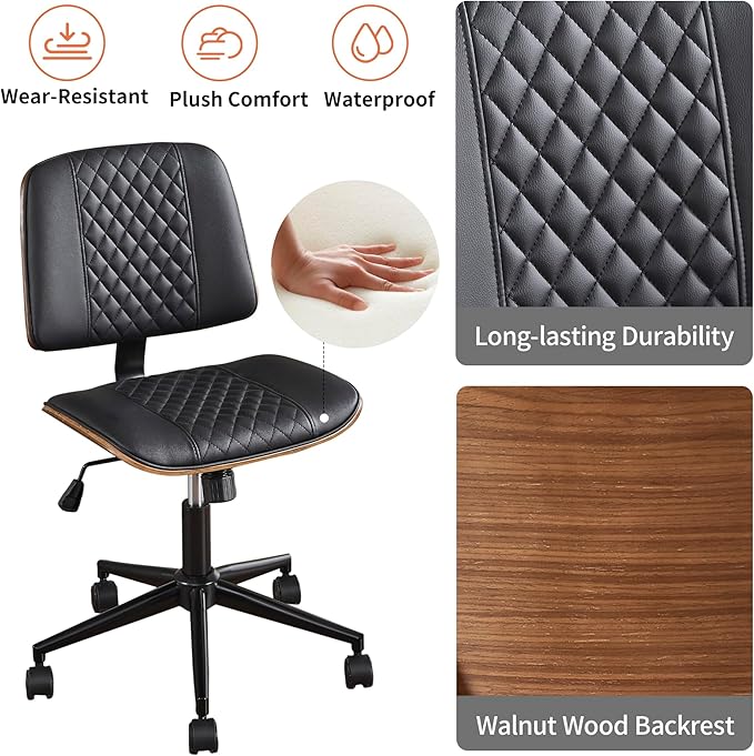 Modern Black Home Office Chair – Armless Mid-Back Desk Chair with PU Leather, Adjustable Height, Swivel Wheels, Walnut Wood Finish, Perfect for Small Spaces