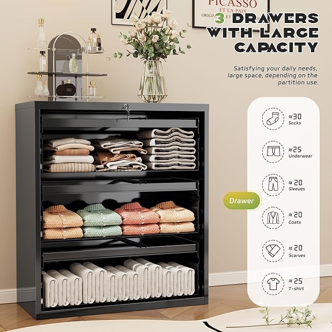 Superday Lateral File Cabinet 3 Drawer Metal File Cabinet with Lock, Black Filing Cabinets for Home Office, Locking Filing Cabinets Hanging Files Letter/Legal/F4/A4