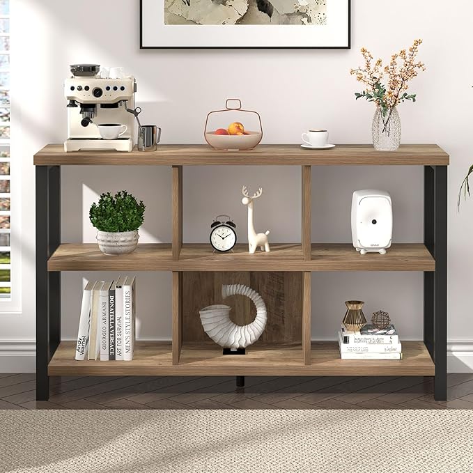 FOLUBAN 6 Cube Storage Organizer with Shelf, Industrial Horizontal Bookshelf, Low Cubby Bookcase for Living Room Bedroom, 47 Inch Oak