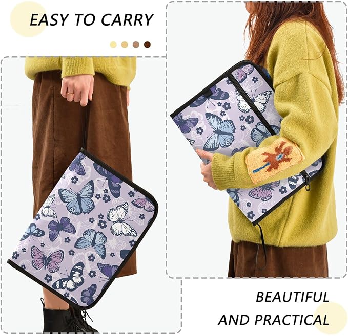 Expanding File Folder,13 Pocket Accordion File Folders with Sticky Labels, A4 Letter Size Paper Document Organizer with Zipper Closure for Office School Boys Girls,Butterfly and Flower