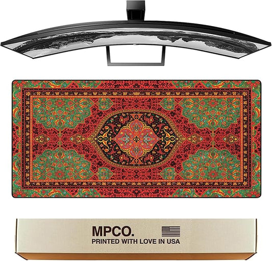 MPCO. Arabic Textiles Large Gaming Desk Pad - 36" x 17" Aeroglyde Fabric Crimson-Lotus Desk Mats - Non-Slip, Washable, Smooth Glide for Precision Gaming & Work
