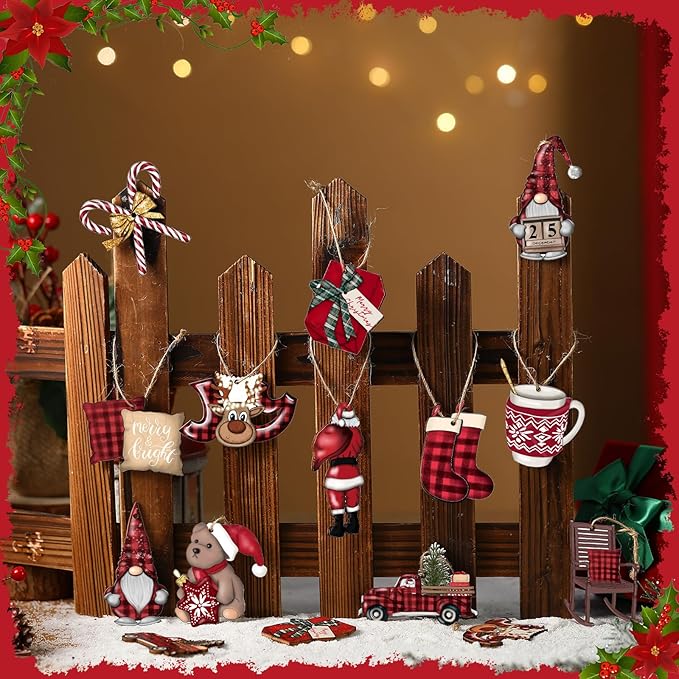 Huwena 36 Pcs Christmas Wooden Ornaments Red Black Christmas Decorations for Tree Snowman Gnomes Poinsettia Flowers Truck Wreath Wood Cutouts Tags with Ropes Winter Decor for Xmas Tree Gifts