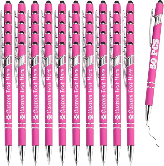 Personalized Pens Bulk 50 with Name Custom Engraving Ballpoint Pens with Stylus Tip Customized Smooth Writing Pens Personalized Gifts for Anniversary Birthday or Graduation(Pink,Black Ink)