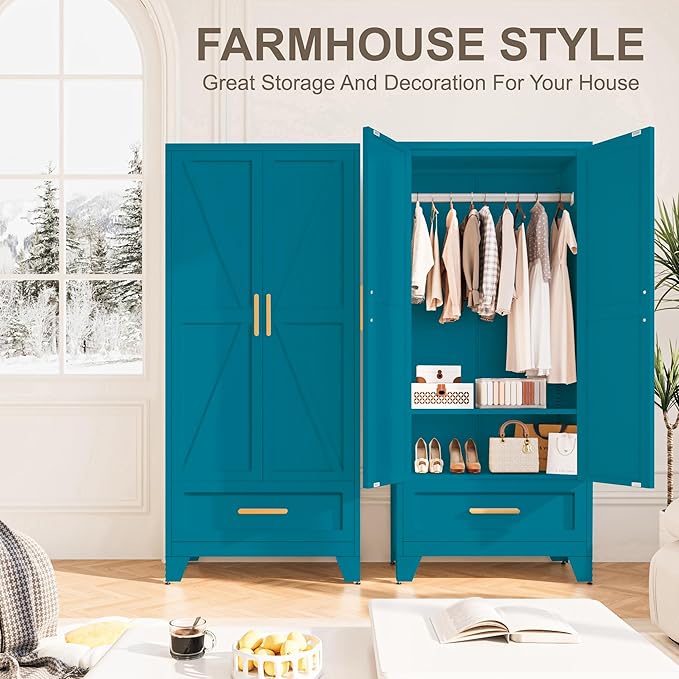 Metal Wardrobe Cabinet,71 Armoire Wardrobe Closet with Drawers and Hanging Rod,Metal Armoire with Adjustable Shelves for Closet,Bedroom,Farmhouse Storage Cabinet with Drawer(Blue)