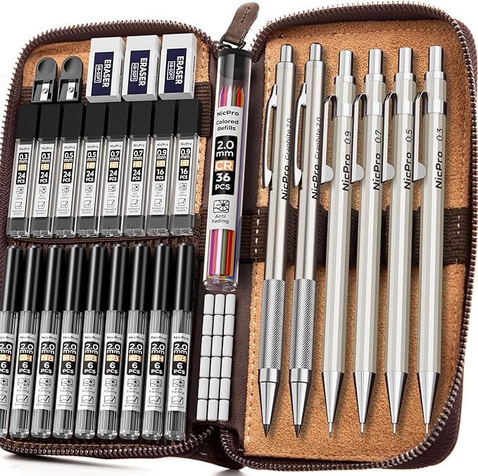 Nicpro 33PCS Metal Mechanical Pencil Set in Leather Case, Art Drafting Pencil 0.3, 0.5, 0.7, 0.9 mm, 2mm Lead Pencil Holders for Sketching Drawing With 18 Tube (6B 4B 2B HB 2H 4H Colors) Lead Refills