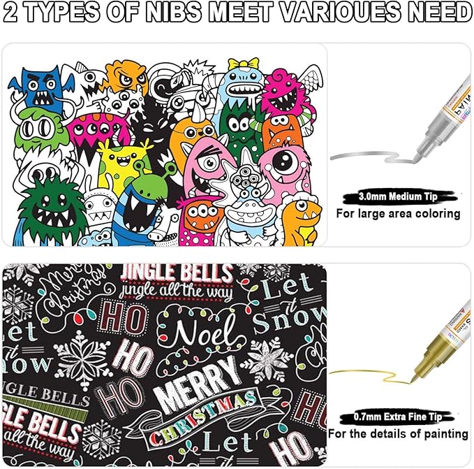 Betem Oil Based Paint Markers, Dual Tip Paint Pens(0.7mm & 3mm), Gold Silver Permanent Paint Marker Pen, Waterproof, Quick Dry, for Fabric, Rock Painting, Wood, Plastic, Metal, Canvas (2Gold2Silver)