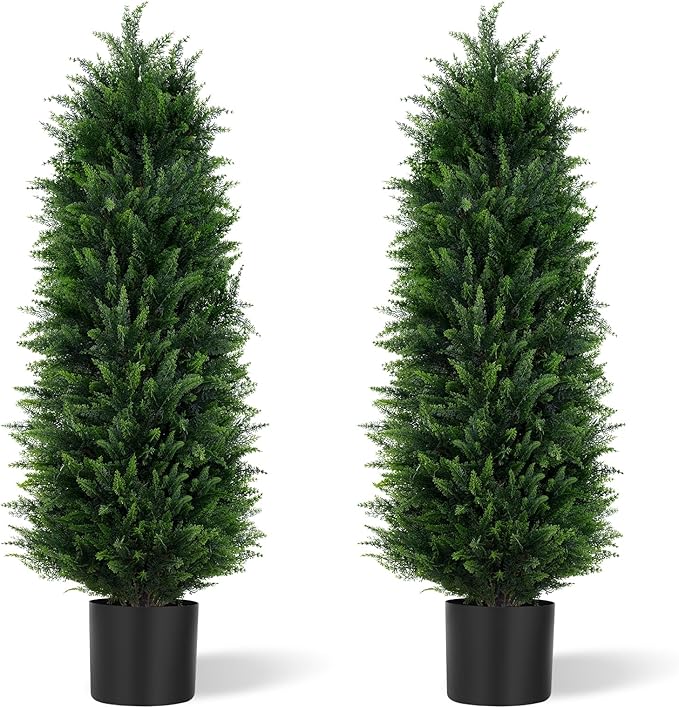 Artificial Cedar Trees 5FT, UV Resistant Faux Tree Potted Plants with Trunk 59in Fake Cypress Tree for Indoor Outdoor Garden Decor-2pack