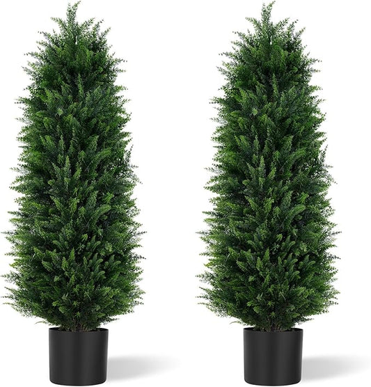 Artificial Cedar Trees 5FT, UV Resistant Faux Tree Potted Plants with Trunk 59in Fake Cypress Tree for Indoor Outdoor Garden Decor-2pack