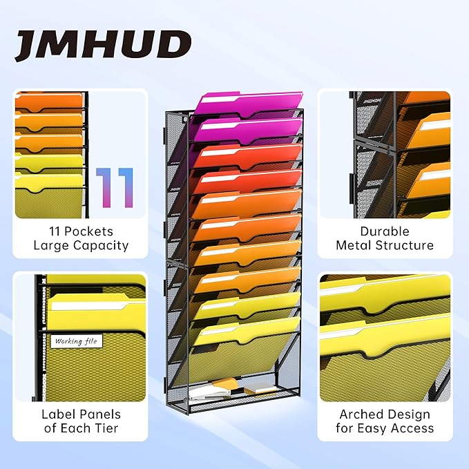 11-Tier Wall File Organizer Hanging File Holder Mail Organizer for Papers, Folders, Document, Mesh Magazine Rack for Office Home School, Black