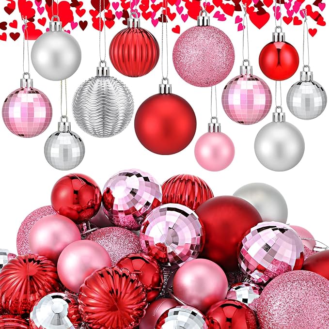 64 Pcs Christmas Ball Ornaments Pink Red and Silver Christmas Ornaments Glitter Valentine's Day Ball Ornament Assorted Size Xmas Ornament Valentines Decoration for Tree Home, 1.6/1.97/2.4 Inch