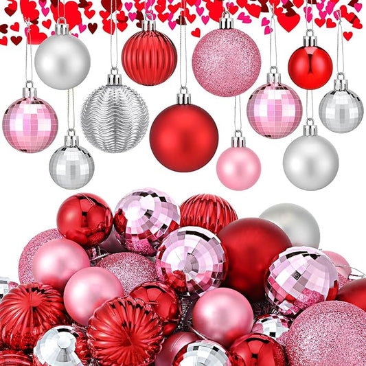 64 Pcs Christmas Ball Ornaments Pink Red and Silver Christmas Ornaments Glitter Valentine's Day Ball Ornament Assorted Size Xmas Ornament Valentines Decoration for Tree Home, 1.6/1.97/2.4 Inch