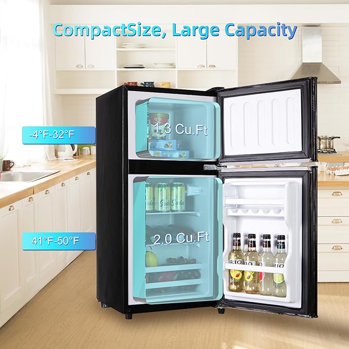 3.3 Cu. Ft. Mini Fridge with Freezer, Compact Refrigerator with Adjustable 7-Level Thermostat, Dorm Fridge for Kichen, RV, Office, Apartment, Black