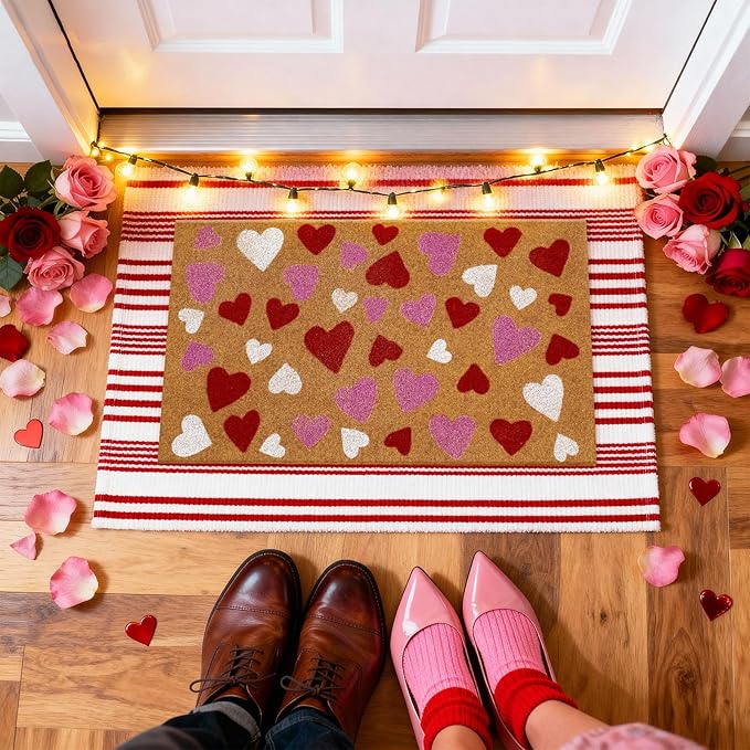 2 Pcs Valentine's Day Coir Welcome Doormat Outdoor Valentine's Day Rug Layered Red and White Stripe Mat Red Heart Mat for Front Porch Outdoor Entryway