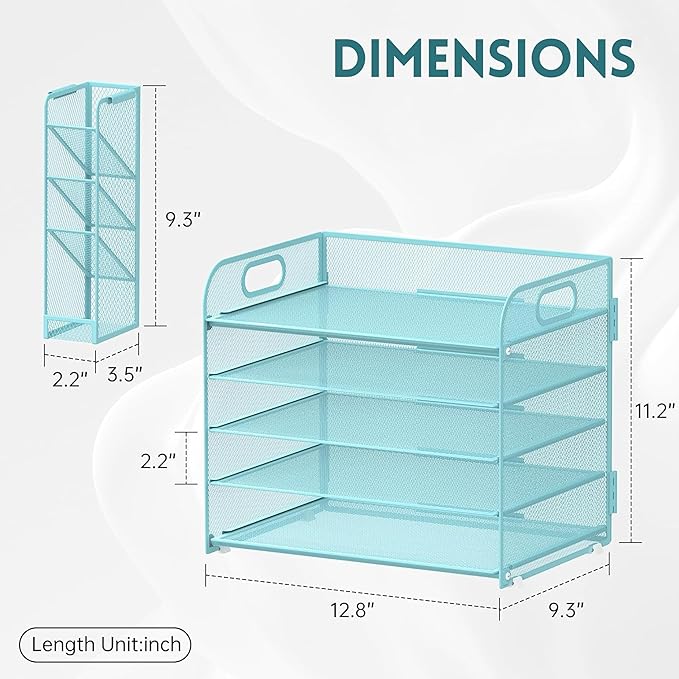 SUPEASY 5 Tier Desk Organizer with Handle & Removable Pen Holders, Mesh Paper/File Organizer for Desk, Paper Letter Tray Organizer for Office Supplies (Blue)