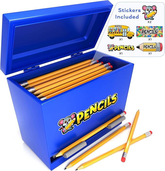 Pencil Dispenser Holder Blue Stainless Steel Dispenser for Pencils with 6 Beautiful Stickers for Decoration Metal Pencil Dispenser for Classroom Home Office Teachers Students (Pencils Not Included)